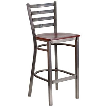 Emma and Oliver Clear Coated Metal Ladder Back Barstool, Natural Wood Seat