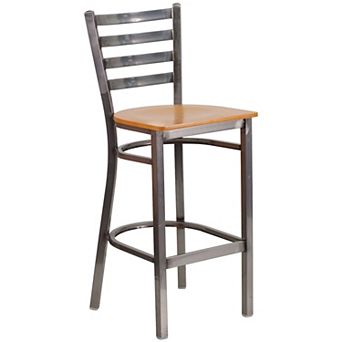 Emma and Oliver Clear Coated Metal Ladder Back Barstool, Natural Wood Seat