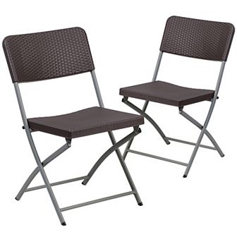 Emma and Oliver 2 Pack Brown Rattan Plastic Indoor-Outdoor Patio Folding Chair