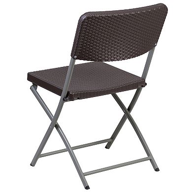 Emma and Oliver 2 Pack Brown Rattan Plastic Indoor-Outdoor Patio Folding Chair