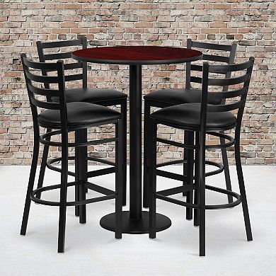 Emma and Oliver 30RD Mahogany Table Set-RD Base & 4 Ladder Back Stools,Black Seat