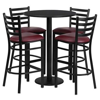 Emma and Oliver 30RD Mahogany Table Set-RD Base & 4 Ladder Back Stools,Black Seat