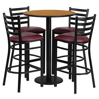 Emma and Oliver 30RD Mahogany Table Set-RD Base & 4 Ladder Back Stools,Black Seat