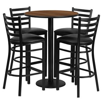 Emma and Oliver 30RD Mahogany Table Set-RD Base & 4 Ladder Back Stools,Black Seat