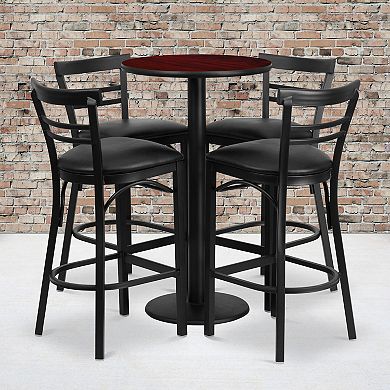Emma and Oliver 24RD Black Table Set-RD Base-4 2Slat Ladder Back Stools,Black Seat
