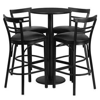 Emma and Oliver 24RD Black Table Set-RD Base-4 2Slat Back Stools,Burgundy Seat