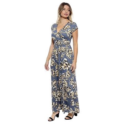 cap sleeve floral maxi dress Women's Floral Print V-Neck Cap Sleeve Maxi Dress with Smocked Waist