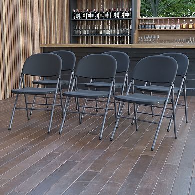 Emma and Oliver 6 Pack 330 lb. Capacity Black Plastic Folding Chair - Charcoal Frame - Event Chair