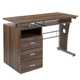 Emma and Oliver Rustic Walnut Desk with Three Drawer Single Pedestal and Pull-Out Keyboard Tray
