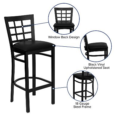 Emma and Oliver Black Metal Window Back Barstool, Natural Wood Seat