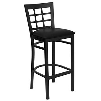 Emma and Oliver Black Metal Window Back Barstool, Natural Wood Seat