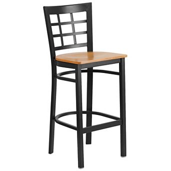 Emma and Oliver Black Metal Window Back Barstool, Natural Wood Seat