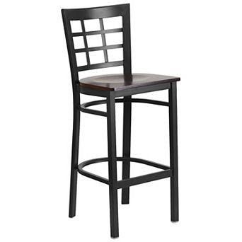 Emma and Oliver Black Metal Window Back Barstool, Natural Wood Seat