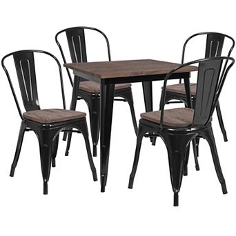 Emma and Oliver 31.5" Square Black Metal/Wood Table Set - 4 Stack Chairs