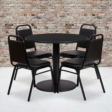 Emma and Oliver 36"RD Black Laminate Table Set-RD Base & 4 Black Banquet Chairs