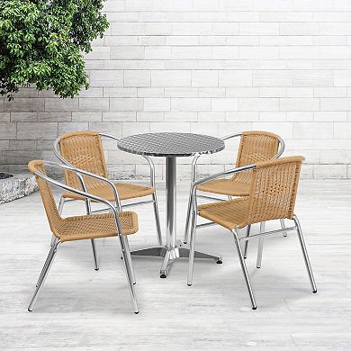 Emma and Oliver 23.5" Round Aluminum Table Set-4 Black Rattan Chairs