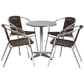 Emma and Oliver 23.5" Round Aluminum Table Set-4 Dark Brown Rattan Chairs