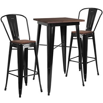 Emma and Oliver 23.5" Square Black Metal/Wood Bar Table Set - 2 Stools