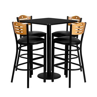 Emma and Oliver 30" Square Black Laminate Table Set, 4 Wood Slat Back Metal Stools