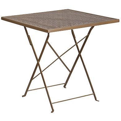 Emma and Oliver Commercial Grade 28" Square White Folding Patio Table Set-4 Square Back Chairs
