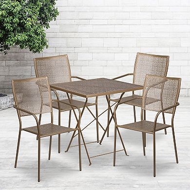 Emma and Oliver Commercial Grade 28" Square White Folding Patio Table Set-4 Square Back Chairs