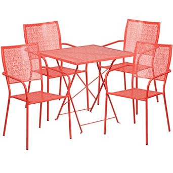 Emma and Oliver Commercial Grade 28" Square White Folding Patio Table Set-4 Square Back Chairs