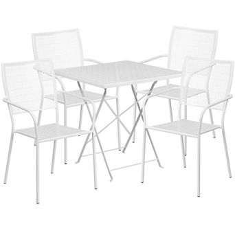 Emma and Oliver Commercial Grade 28" Square White Folding Patio Table Set-4 Square Back Chairs
