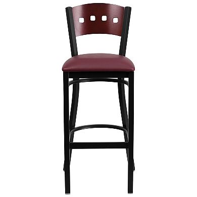 Emma and Oliver Black Metal 4 Square Back Barstool, Wood Back, Black Vinyl Seat