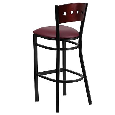 Emma and Oliver Black Metal 4 Square Back Barstool, Wood Back, Black Vinyl Seat