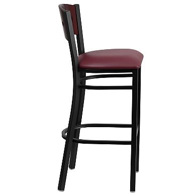 Emma and Oliver Black Metal 4 Square Back Barstool, Wood Back, Black Vinyl Seat