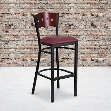 Emma and Oliver Black Metal 4 Square Back Barstool, Wood Back, Black Vinyl Seat