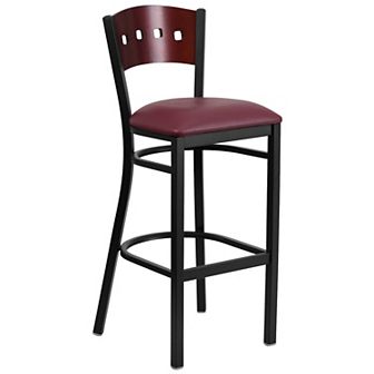 Emma and Oliver Black Metal 4 Square Back Barstool, Wood Back, Black Vinyl Seat