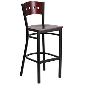 Emma and Oliver Black Metal 4 Square Back Barstool, Wood Back, Black Vinyl Seat