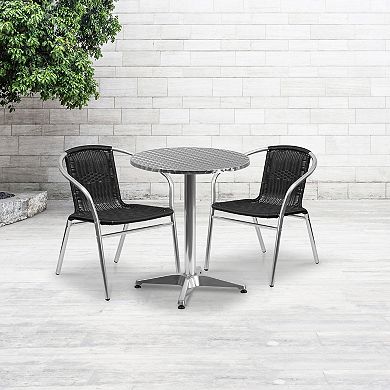 Emma and Oliver 23.5" Round Aluminum Table Set-2 Black Rattan Chairs