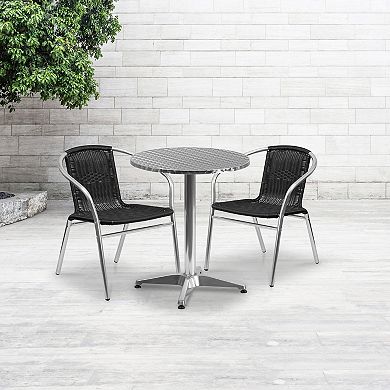 Emma and Oliver 23.5" Round Aluminum Table Set-2 Beige Rattan Chairs