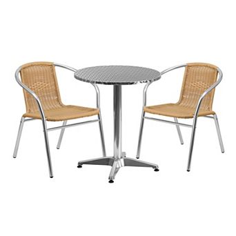Emma and Oliver 23.5" Round Aluminum Table Set-2 Beige Rattan Chairs