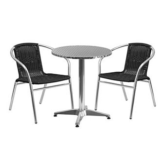 Emma and Oliver 23.5" Round Aluminum Table Set-2 Beige Rattan Chairs
