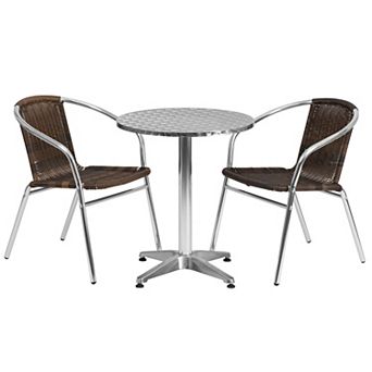 Emma and Oliver 23.5" Round Aluminum Table Set-2 Beige Rattan Chairs