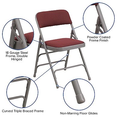 Emma and Oliver 2 Pack Curved Triple Braced Burgundy Patterned Fabric Metal Folding Chair