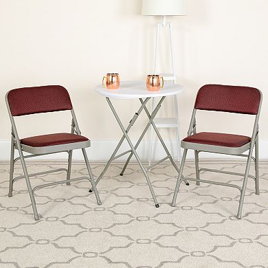 Emma and Oliver 2 Pack Curved Triple Braced Burgundy Patterned Fabric Metal Folding Chair