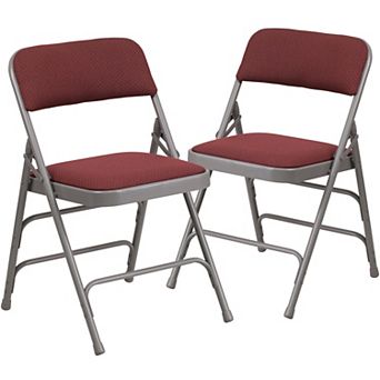 Emma and Oliver 2 Pack Curved Triple Braced Burgundy Patterned Fabric Metal Folding Chair