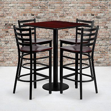 Emma and Oliver 30SQ Mahogany Table Set-4 Ladder Back Stools,Mahogany Seat