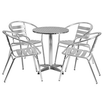 Emma and Oliver 23.5" Round Aluminum Table Set with 4 Slat Back Chairs