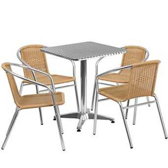 Emma and Oliver 23.5" Square Aluminum Table Set-4 Dark Brown Rattan Chairs