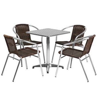 Emma and Oliver 23.5" Square Aluminum Table Set-4 Dark Brown Rattan Chairs