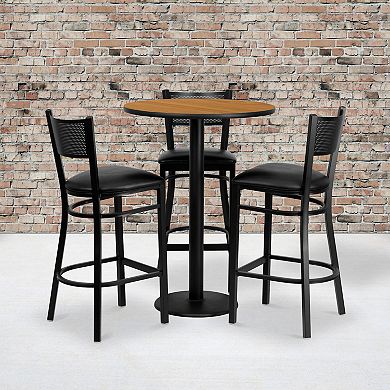 Emma and Oliver 30RD Natural Table Set-3 Grid Back Stools,Black Seat
