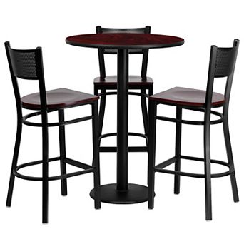 Emma and Oliver 30RD Natural Table Set-3 Grid Back Stools,Black Seat