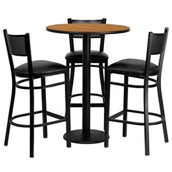 Emma and Oliver 30RD Natural Table Set-3 Grid Back Stools,Black Seat