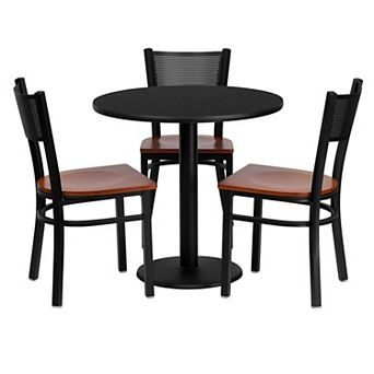 Emma and Oliver 30" Round Black Laminate Table Set, 3 Grid Back Metal Chairs