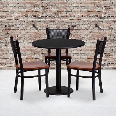Emma and Oliver 30" Round Black Laminate Table Set, 3 Grid Back Metal Chairs